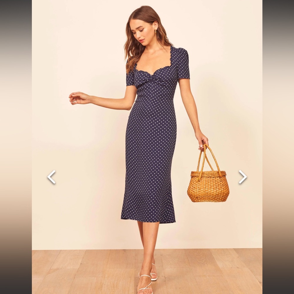 Reformation Navy Polka Dot Maxi Dress